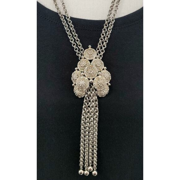 Vintage Crown Trifari Lariat Necklace Silver Tone Double Strand Pendant Dangle - Picture 2 of 7